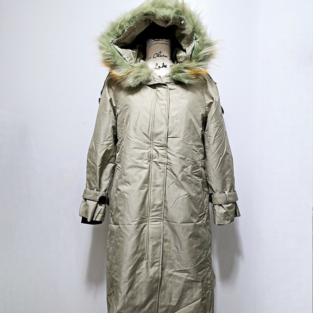 New Real Rex Rabbit Lapin Fur-Lined Parka Coat Jacket Raccoon Green No Fox Mink